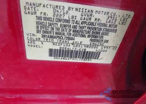 2012 Nissan Sentra 2.0 Sr z USA, uszkodzony, nr VIN 3N1AB6AP5CL725584